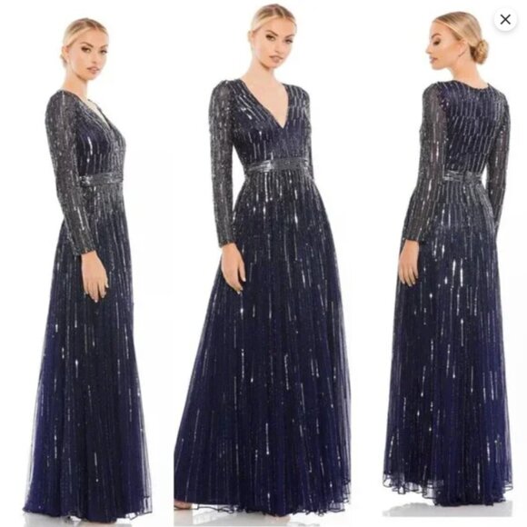 MAC DUGGAL 4977 SEQUINED V-NECK ILLUSIONS SLEEVE A-LINE MIDNIGHT NAVY GOWN sz 18 - Picture 3 of 3